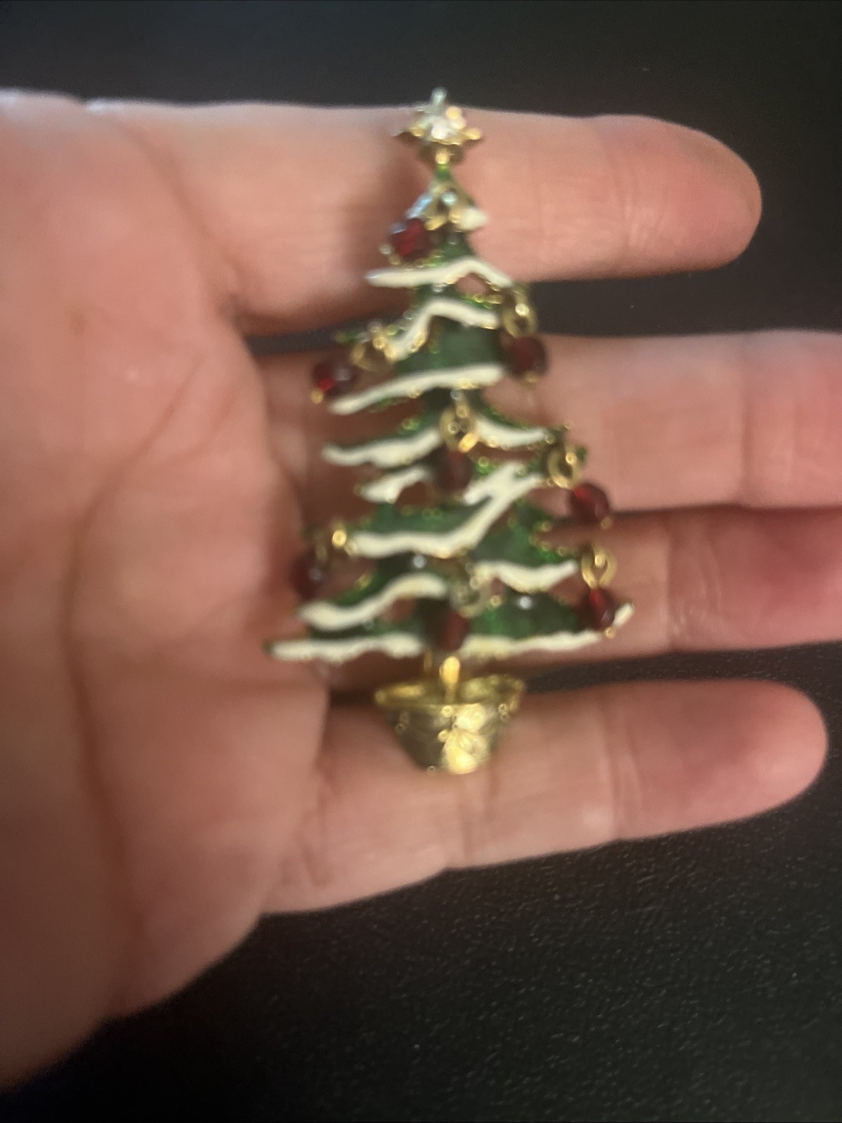 Avon Green Enamel Red Crystal Dangle Ornament Gold Tone Christmas Tree Brooch