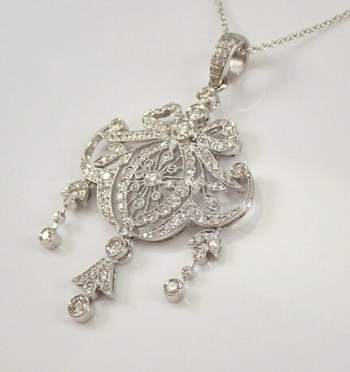 2.1Ct Art Deco Style Round Lab Created Diamond Wedding 14K White Gold FN Pendant