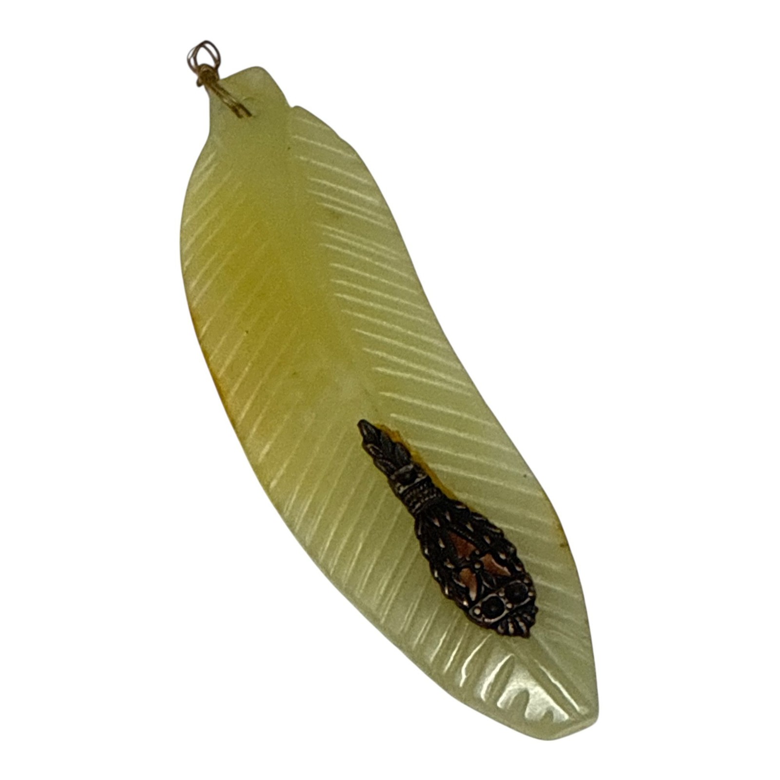 Vintage Jadeite Feather Pendant Carved Leaf Green Jade Lucky Charm