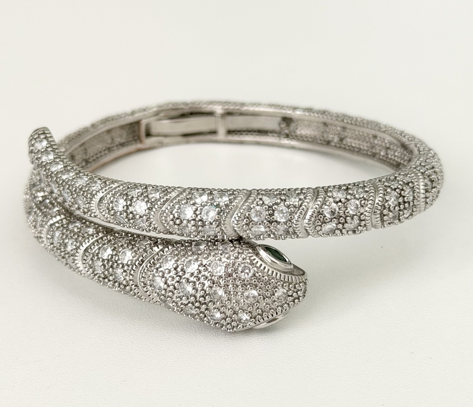 Snake Serpent Bracelet Clear CZ Green Eyed Silver Tone Sparkly Hinged Bangle