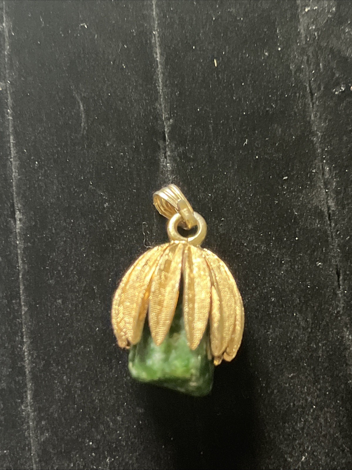 1950s Faux Green Jade Stone & Gold Toned Pendant