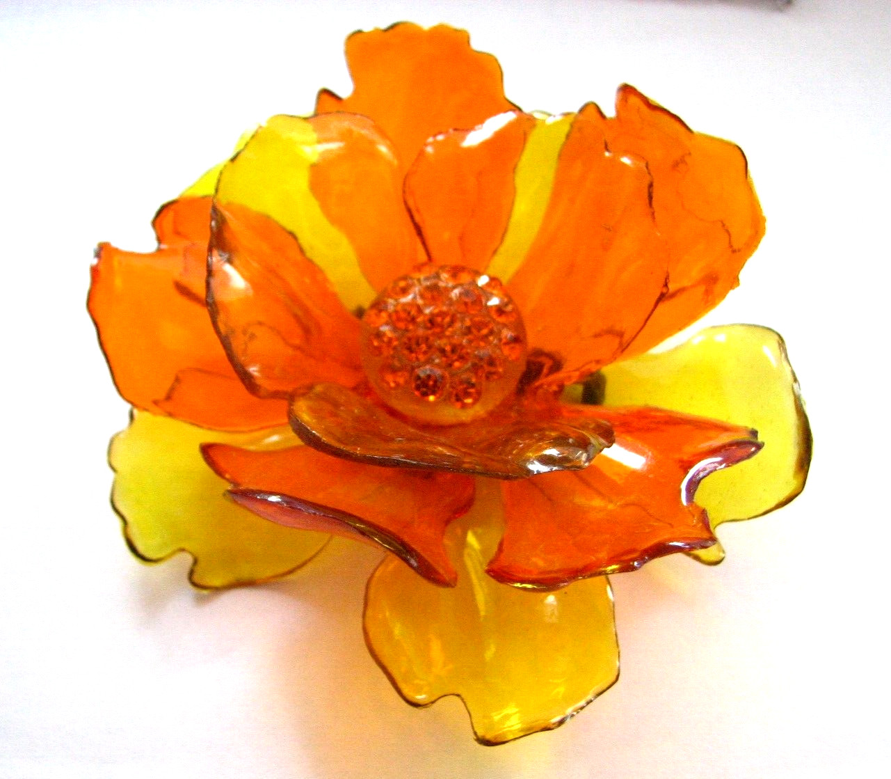 Gorgeous Vintage 1960s Massive Rhinestone Vibrant Orange Yellow Acetate Brooch
