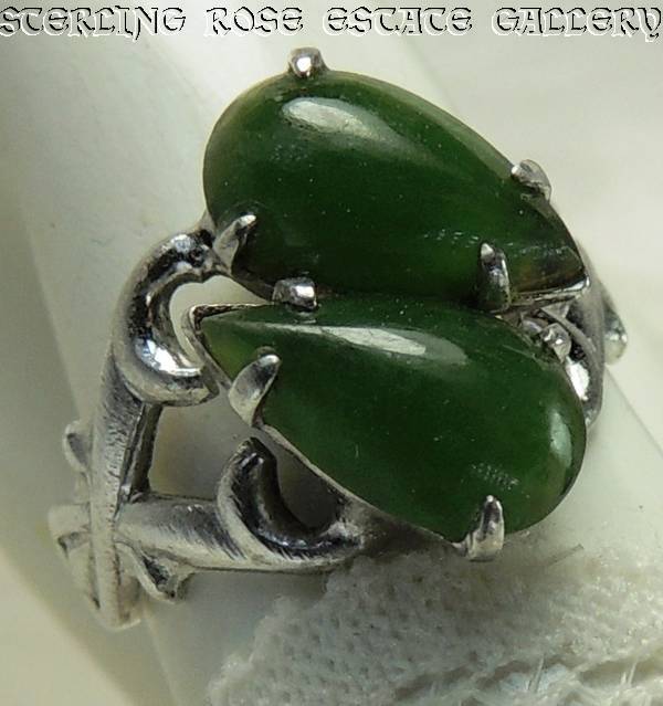 Vintage Double Teardrop Jadeite Sterling Silver .925 Cocktail band RING size 4.5