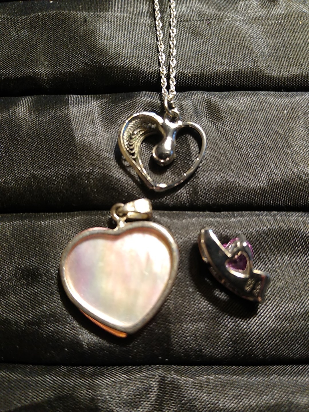 925 Sterling Silver Chain 3 Pendant Pink Mother Pearl Heart Diamond Accent L309