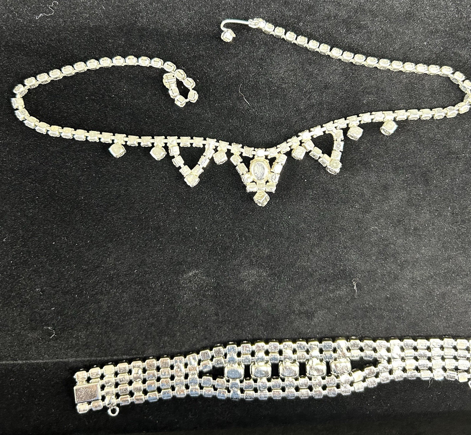 Vintage Silvertone Diamond Clear Rhinestone Necklace & Bracelet Costume Jewelry