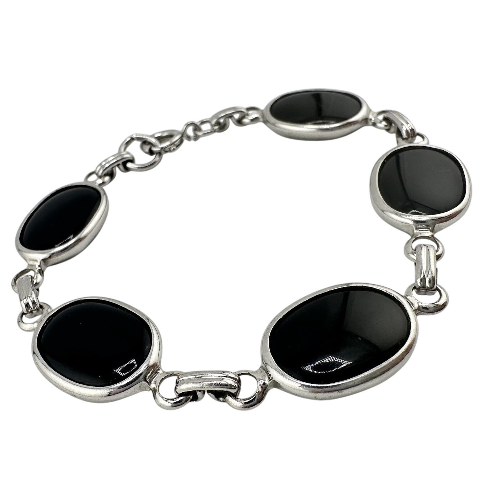 Vintage Black Glass Cabochon Bezel Set Silver Tone Tennis 6.5” Bracelet