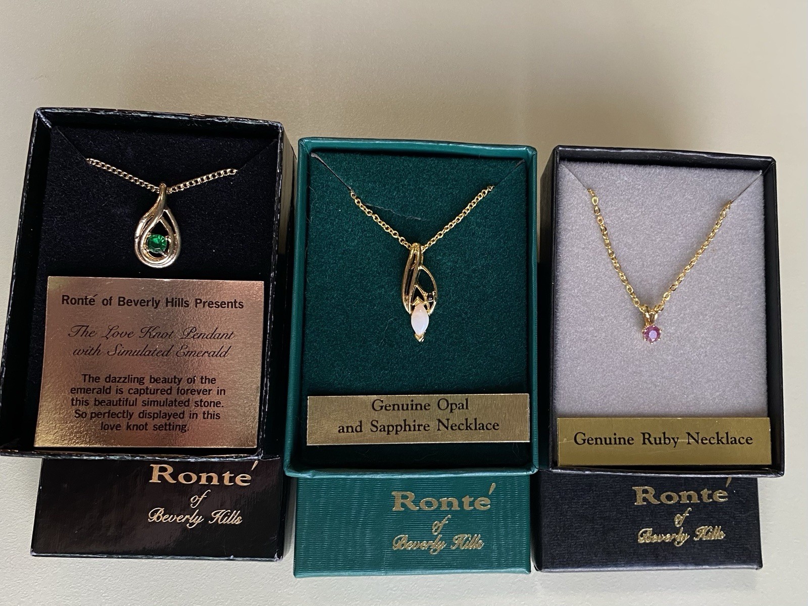 Set of 3 Vintage Ronte of Beverly Hills Necklaces -Opal, Emerald & Ruby Orig Box