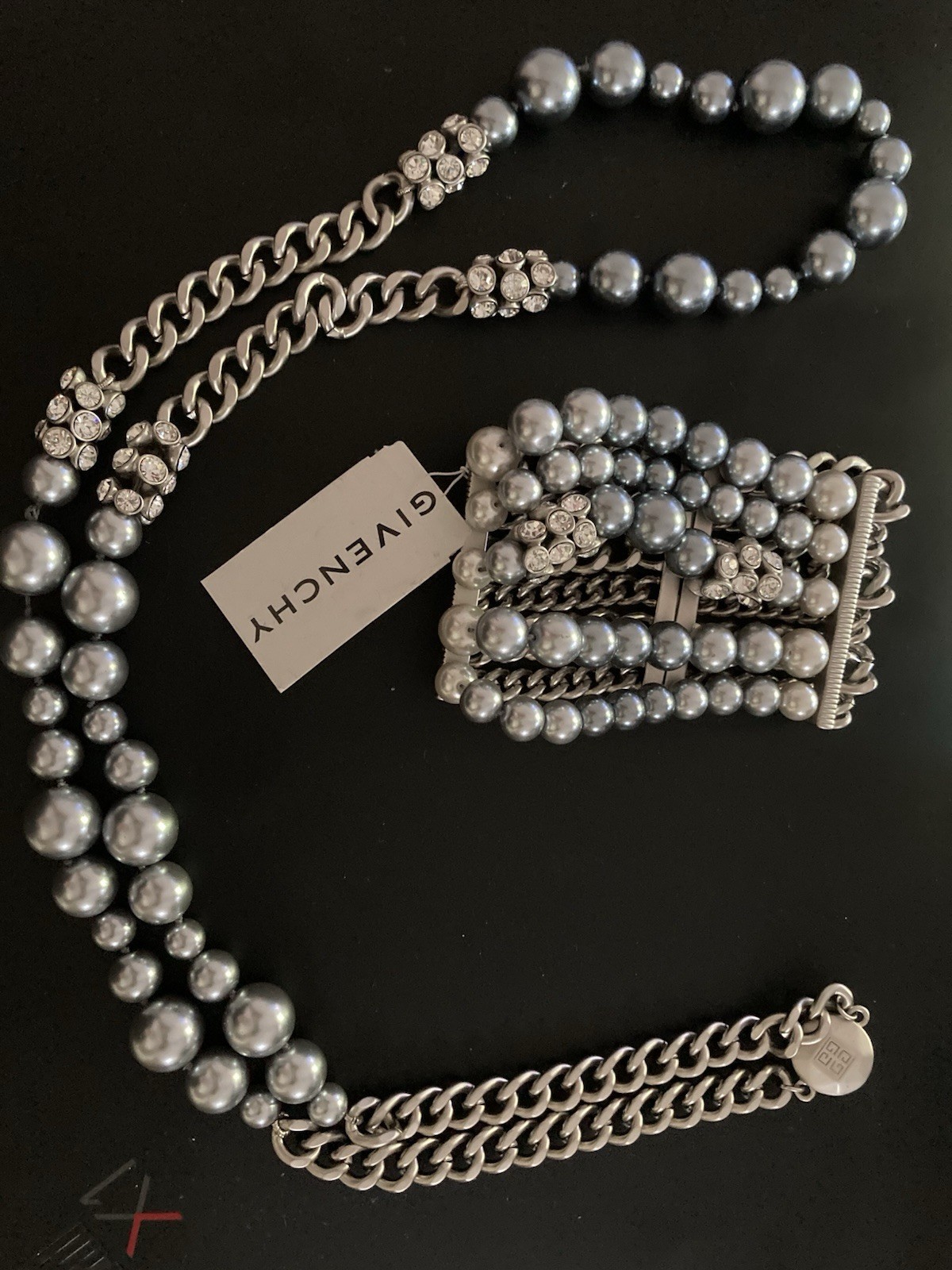 NWT VINTAGE Givenchy Gray Pearl Chain Crystal Necklace Wide Magnetic Bracelet