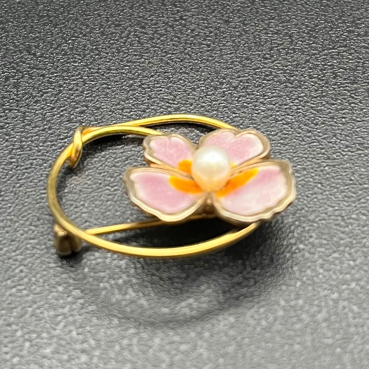 Creed 12K Gold Filled & Sterling Enamel Flower Brooch Mid Century Pearl Pin