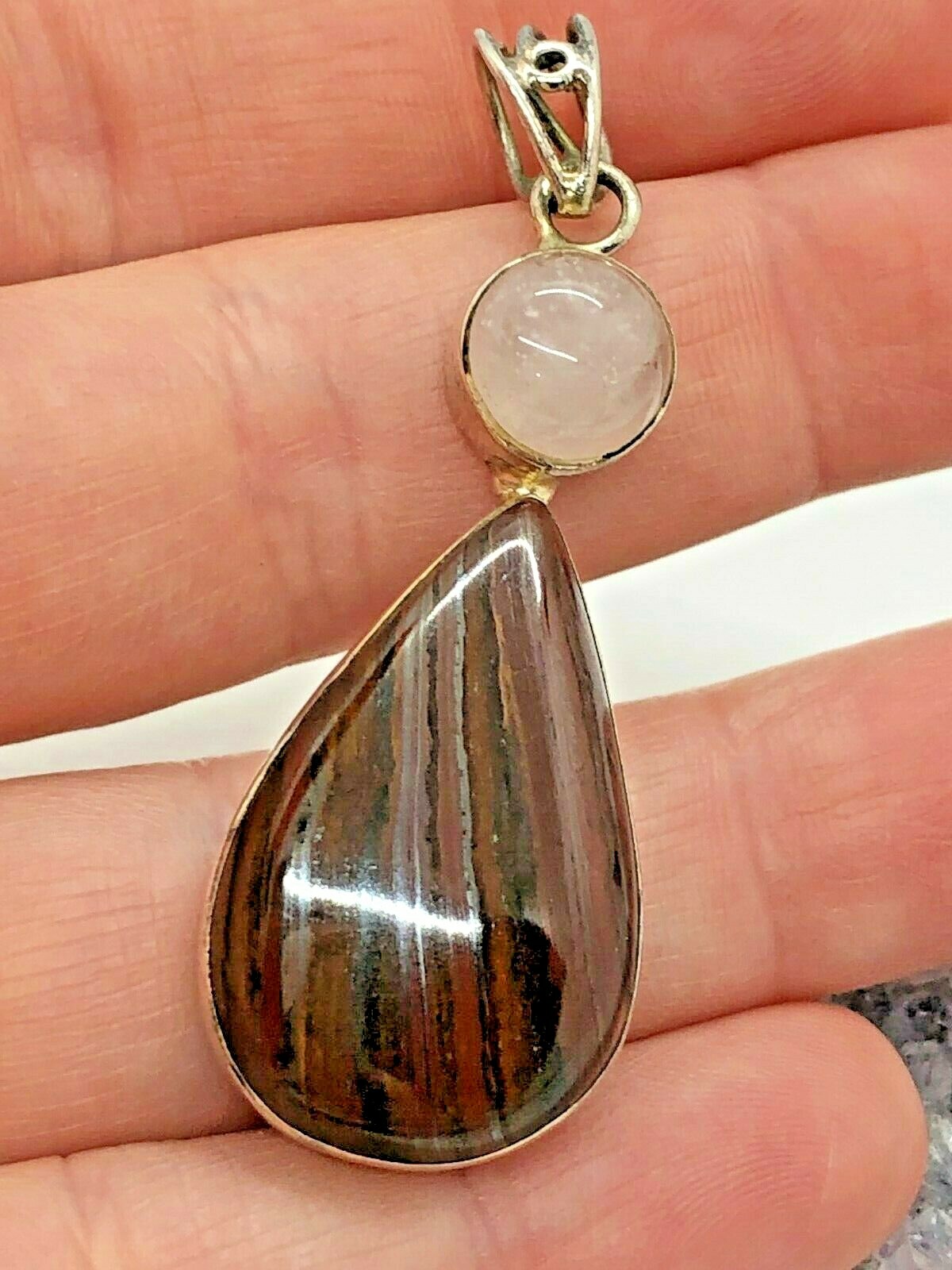 Vintage Sterling Silver Tiger Iron Rose Quartz Teardrop Pendant 8.2 Grams