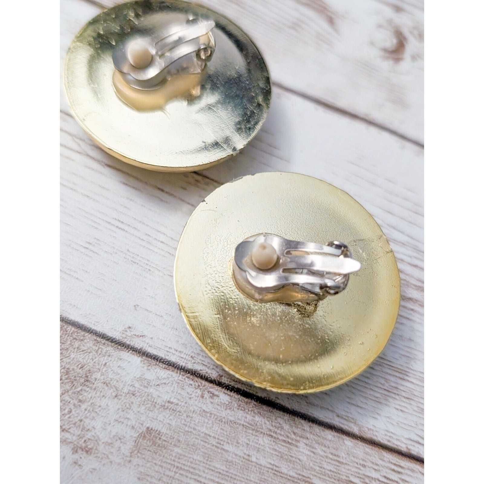 Vintage Clip On Earrings Stunning Statement Gold Tone with Unusual Center 1.25″