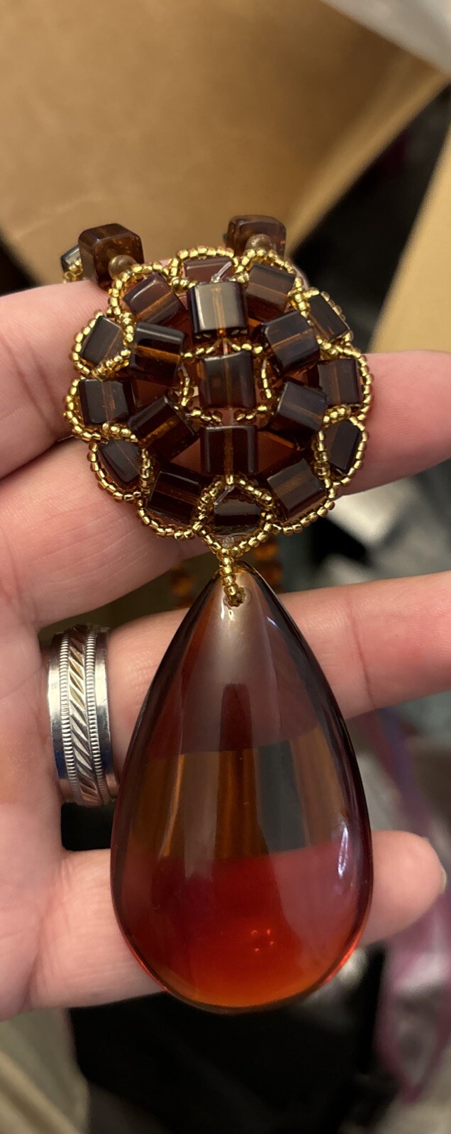 Vintage Brown Color Glass Dangle Necklace Teardrop