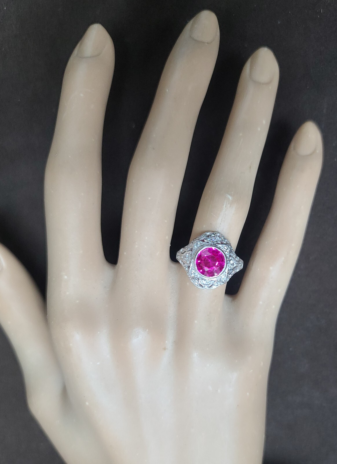 Vintage 14k White Gold Engagement Ring 2.92CT. Gem Pink Sapphire Round Cut