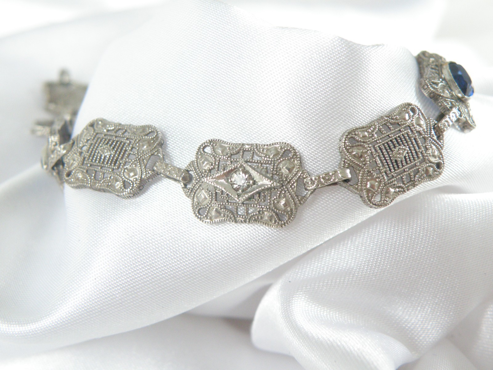 Art Deco Sterling Silver Sapphire Paste Filigree Station Antique Bracelet 7.5″