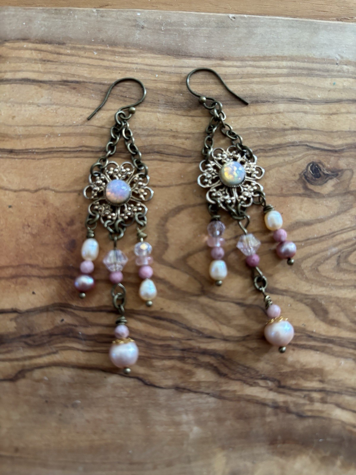 Vintage Boho Earrings Brass-Tone w/Opal-Glass on Alloy Filigree, Pearl+ danglers