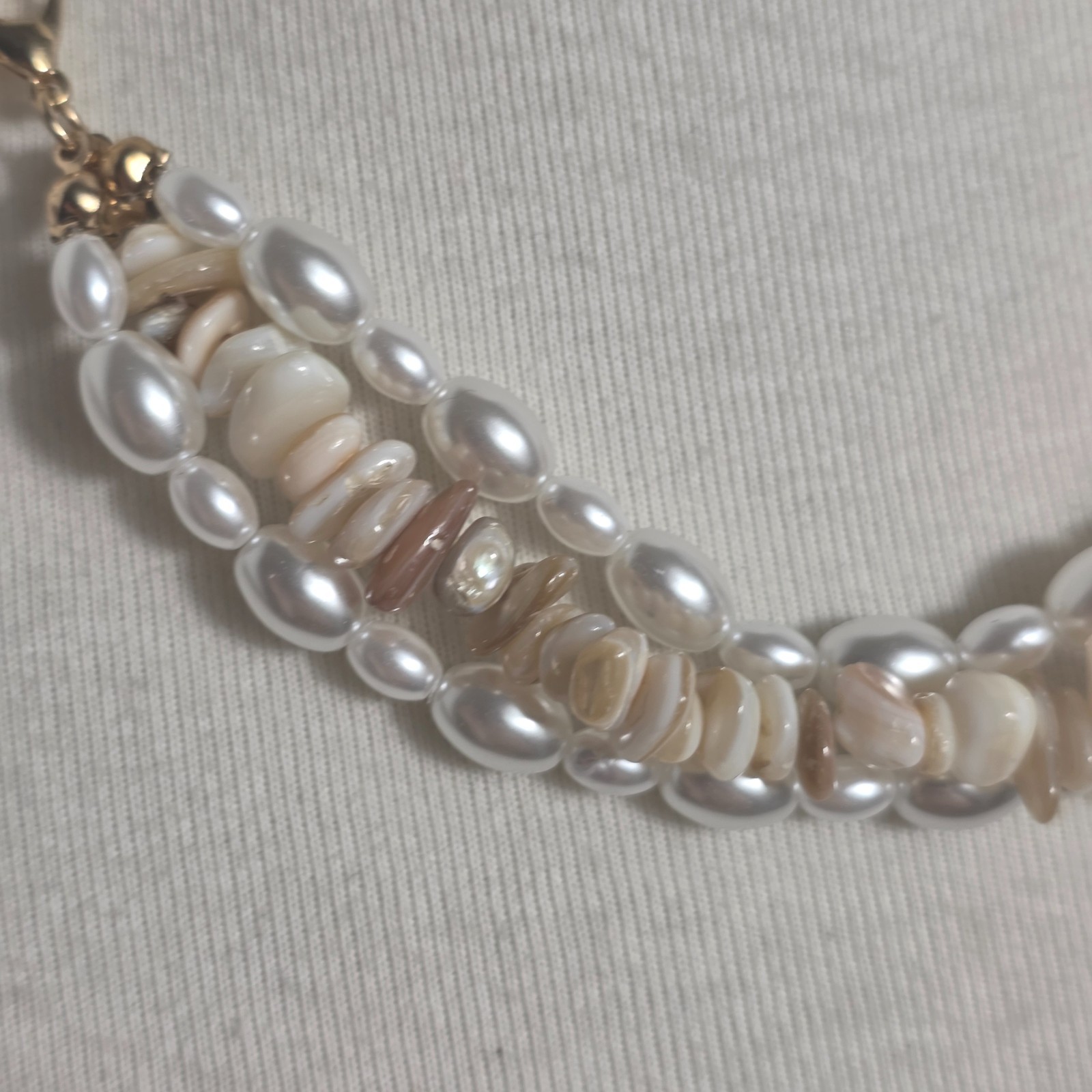Vintage Inspired Multi-Strand Necklace Faux White Pearls & Earthtone Shell Chips