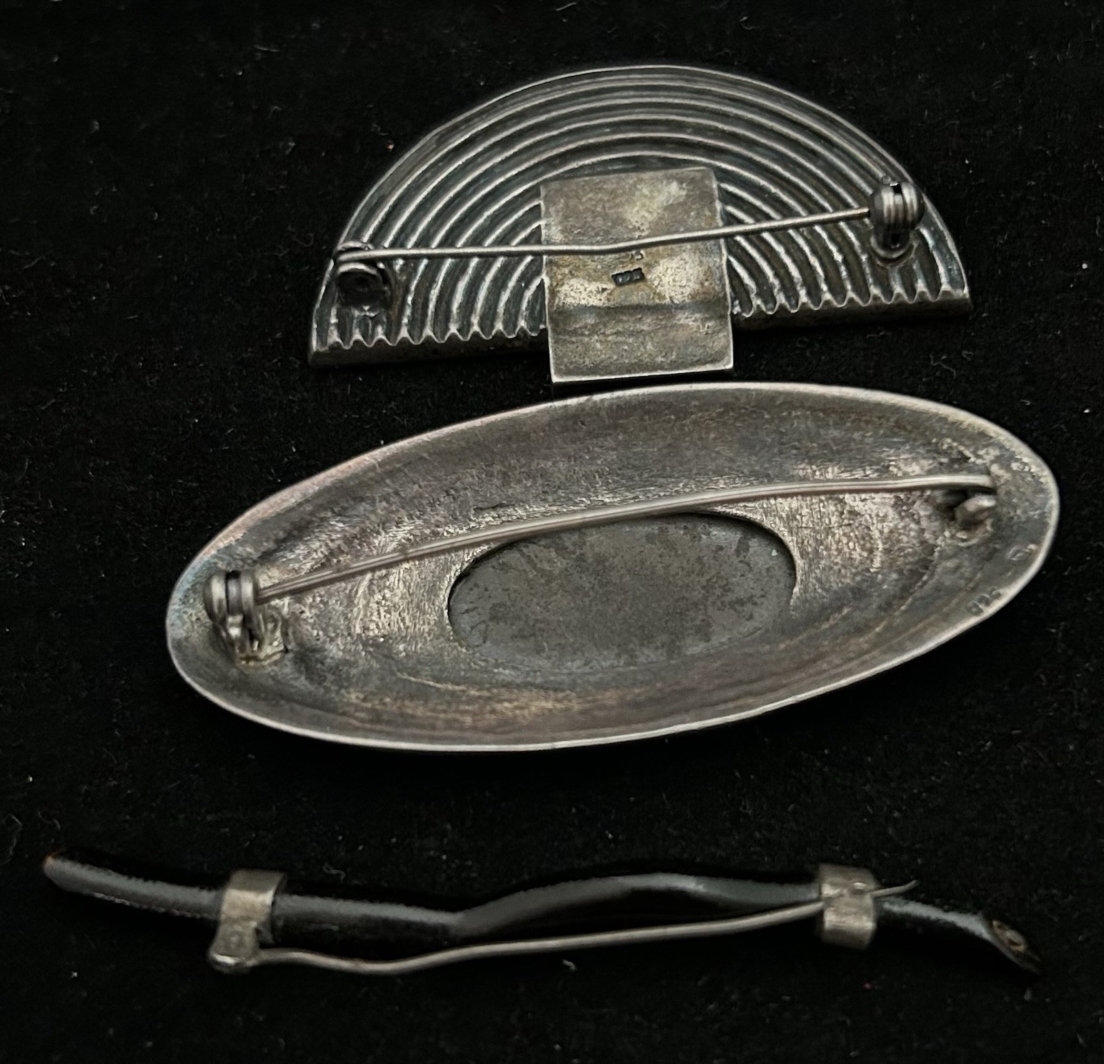 2 Sterling Deco style Pins & Oval with Marquesetes + Coral pin with Sterling