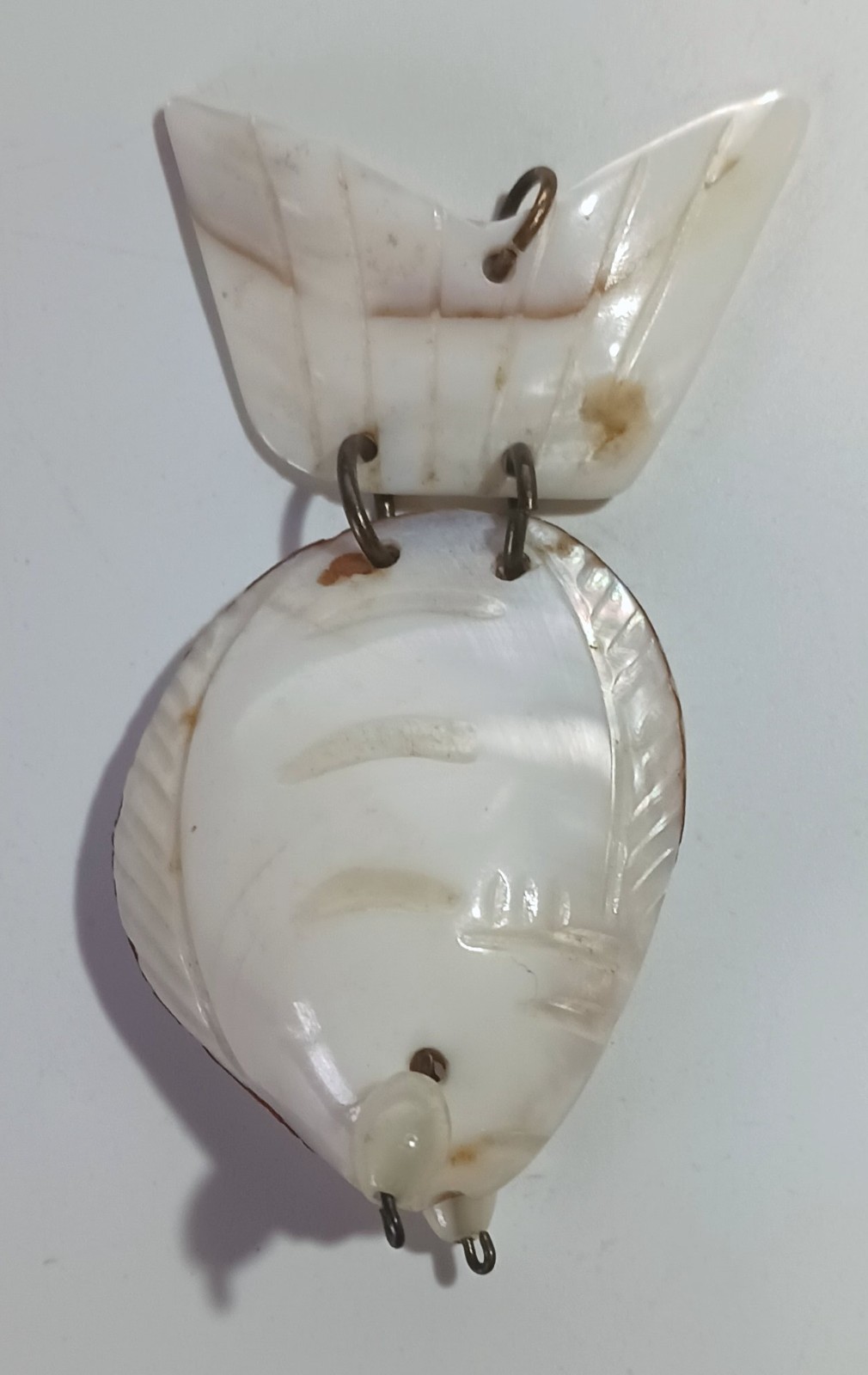 Vintage Large Articulated Fish Pendant Made of Carved Shells & Wire