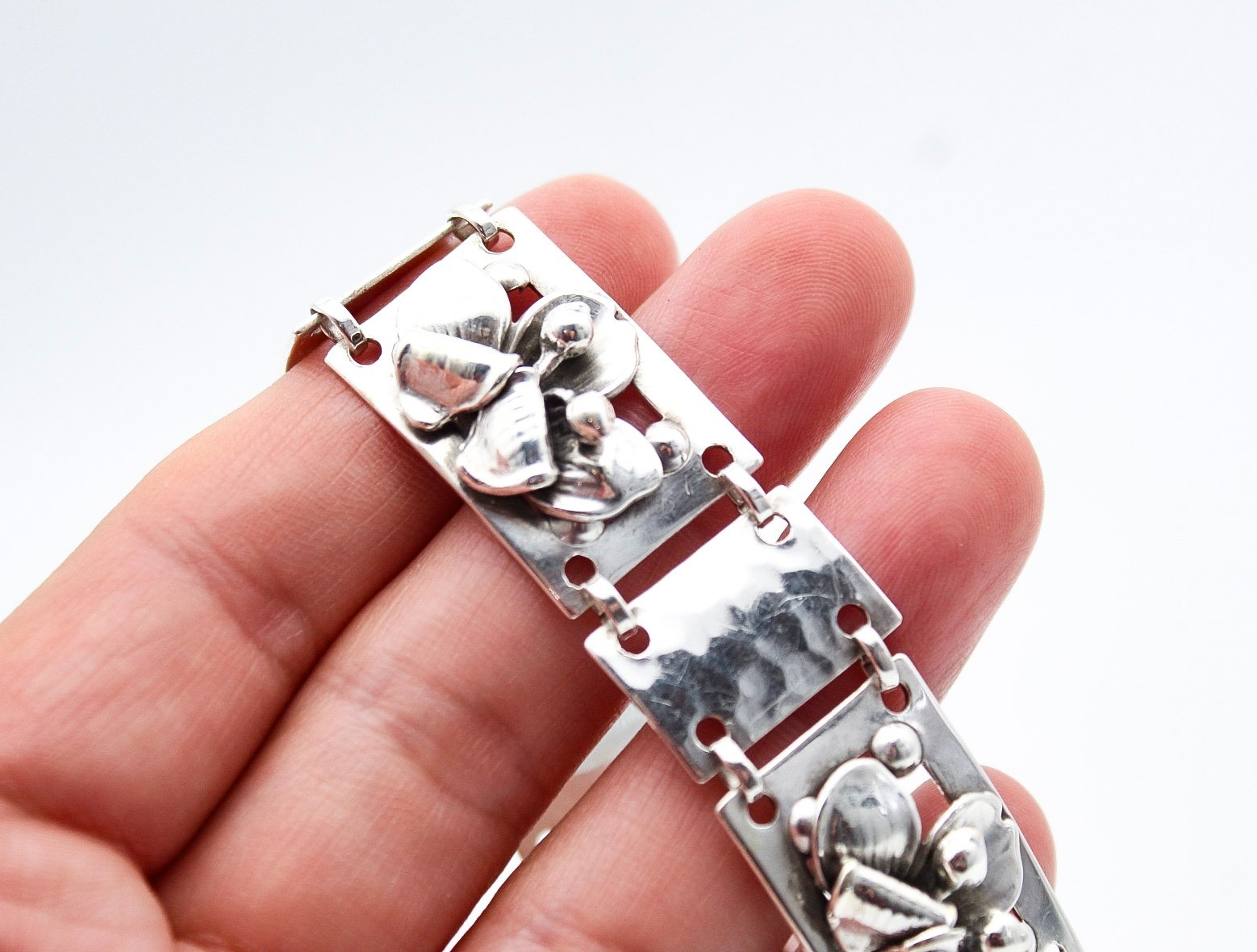 Vintage Sterling Silver 925 Denmark Floral Link Panel Bracelet 7.25″