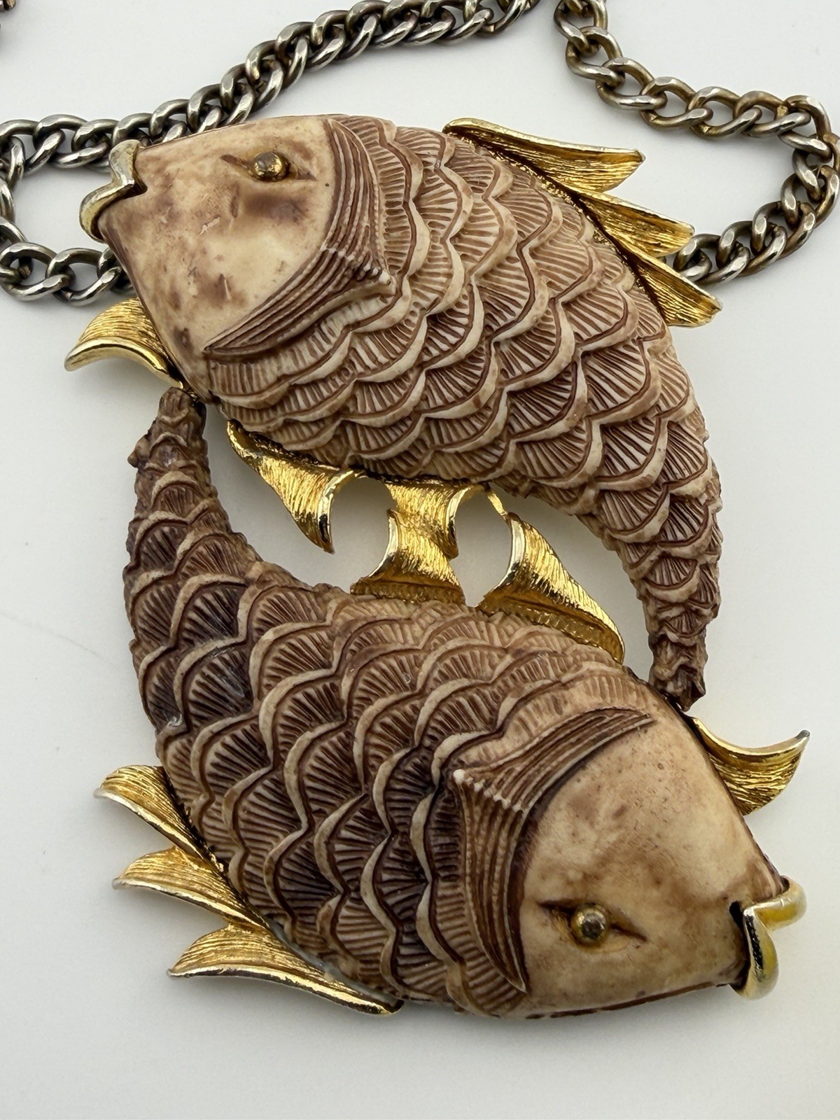Vintage Razza Double Fish Necklace Carved Resin Faux Bone Gold Tone Large Pisces