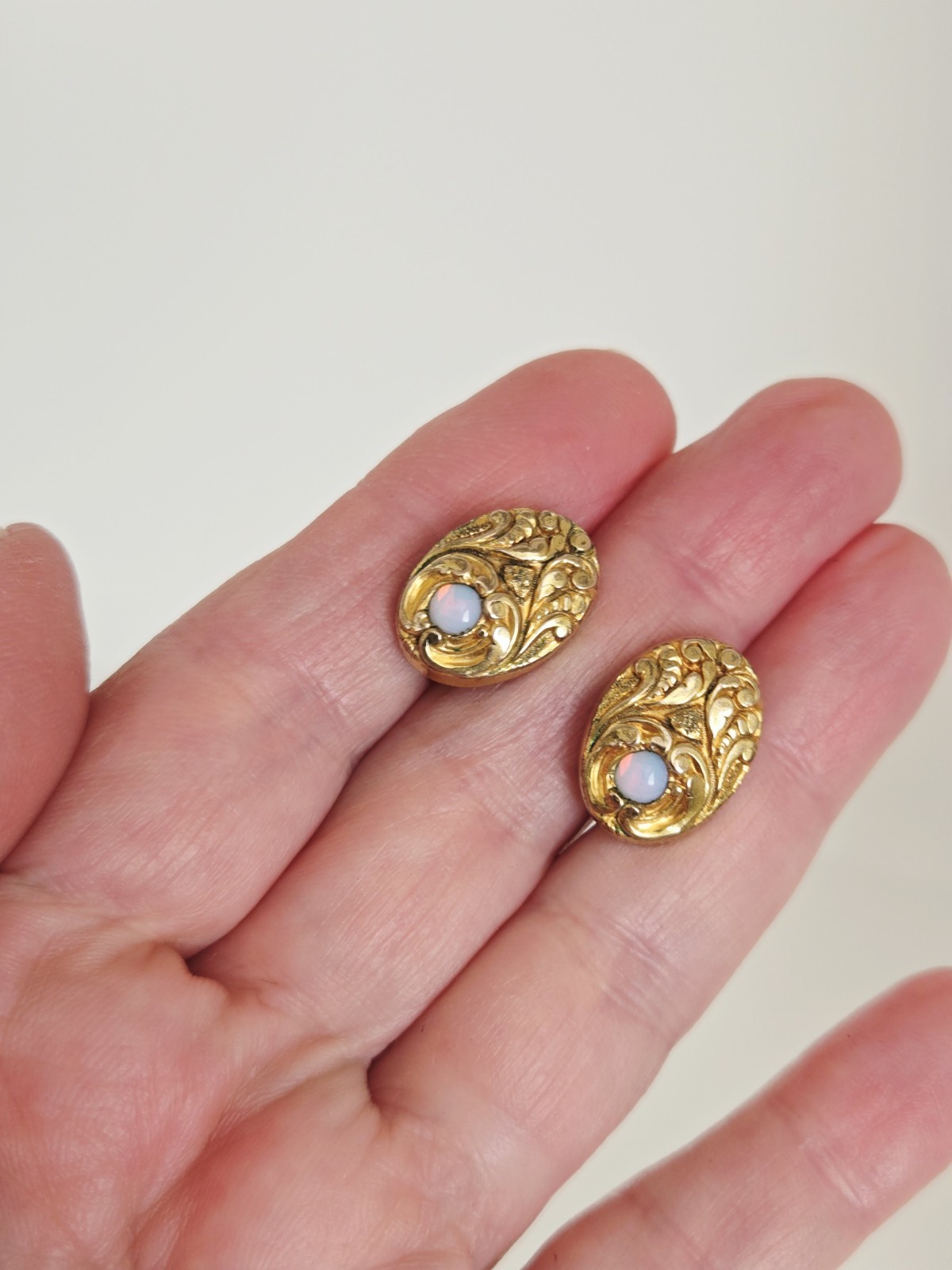 Antique Art Nouveau Repousse Gold Filled Opaline Glass? Screwback Earrings