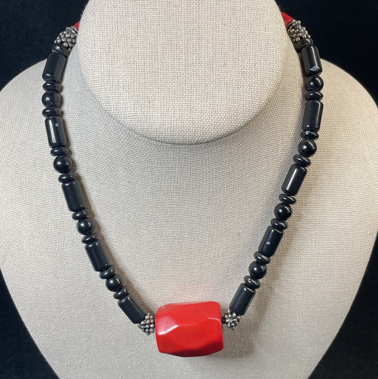 Vintage Genuine Red Coral Necklace Chunky Coral Black Onyx Bead 17” Gift for Her