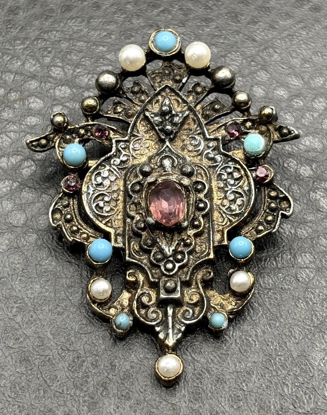 Vintage Etruscan Style Victorian Revival Brooch Faux Turquoise Rhinestone Ornate