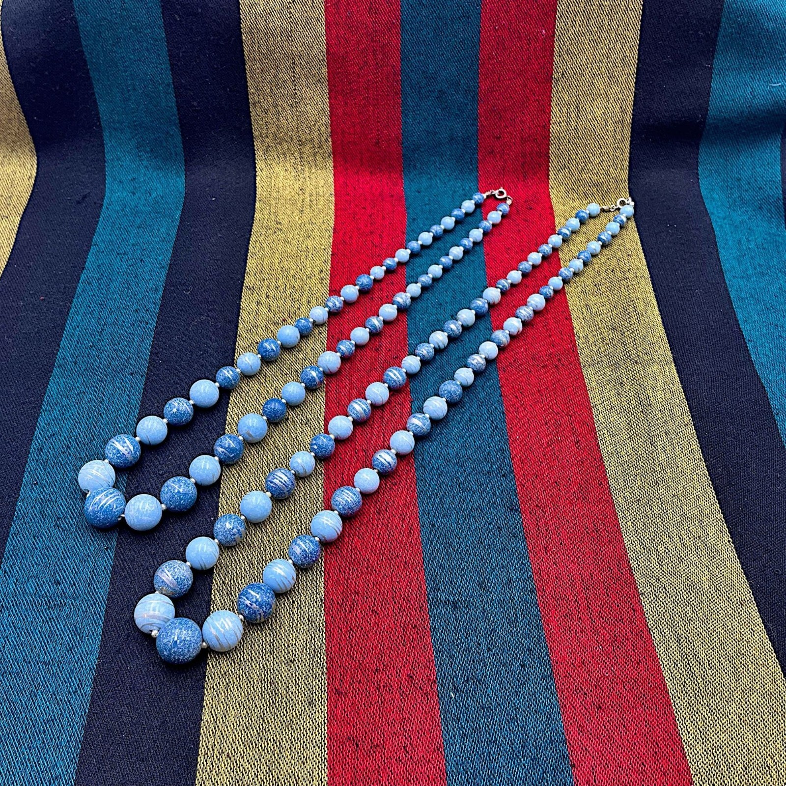 Vintage Gradient Blue Beaded Necklace Layered 2 Necklaces Set 24″ & 28″