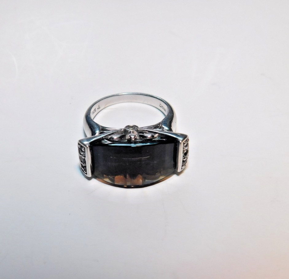 Very Unusual Vintage Smokey Quartz with Accent Diamonds 925 Silver Sz6 #28