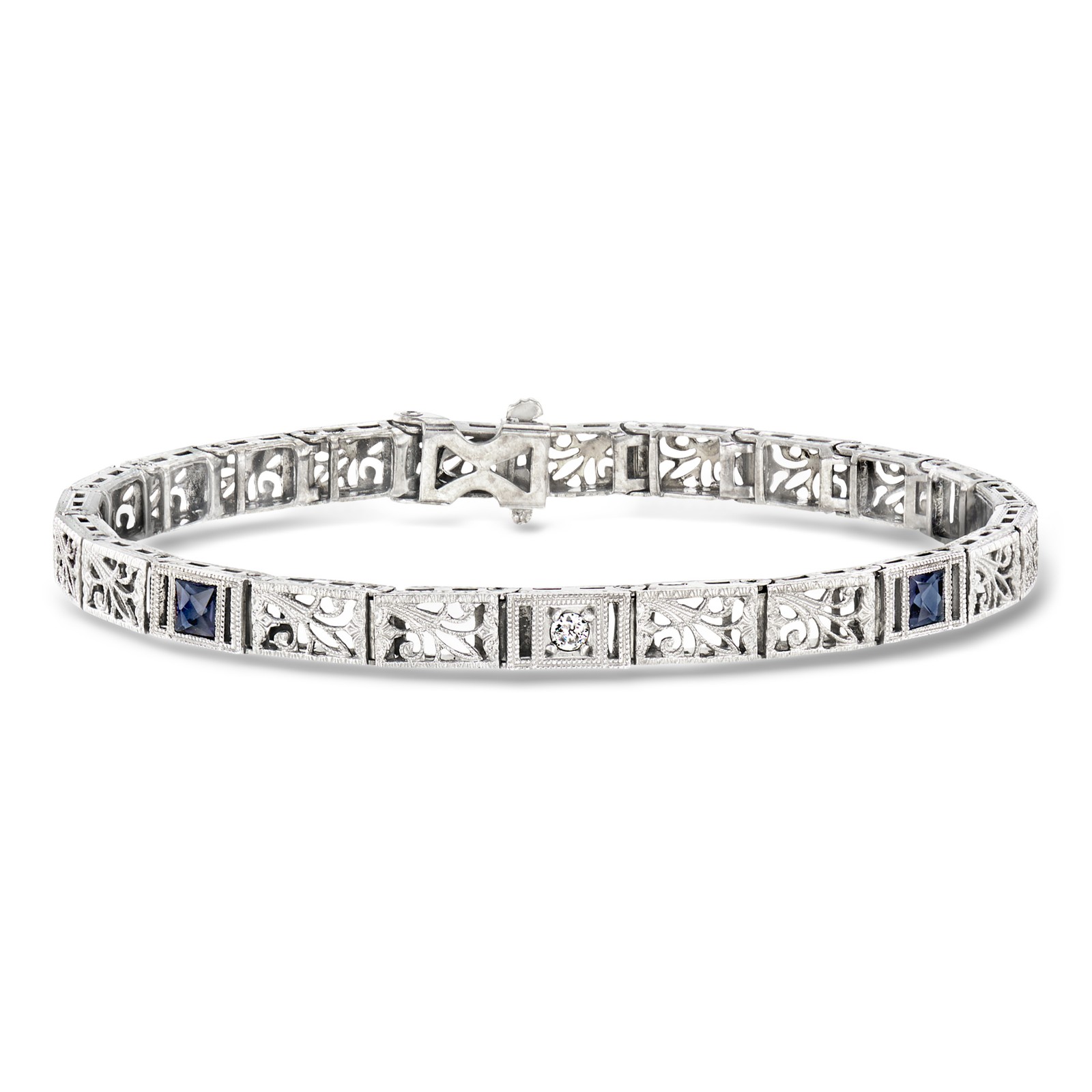 Vint Synth Sapphire Brclt w Single Diamond in 14k White Gold 7 inches
