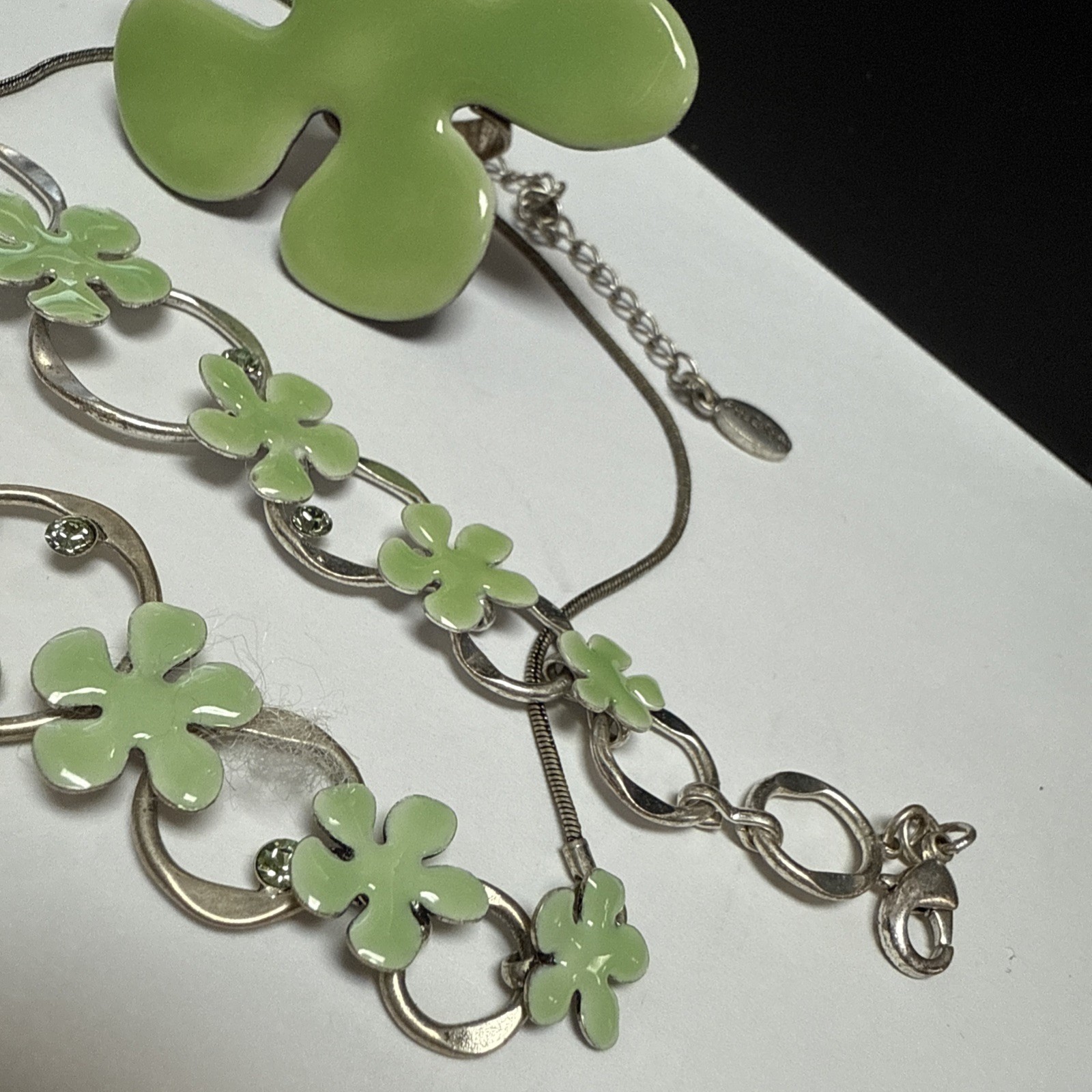 PILGRIM SIGNED SILVER TONE LIGHT GREEN ENAMELED RING BRACELET NECKLACE SET 3pc
