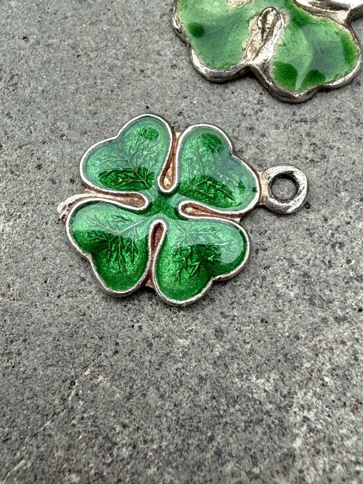 Two Vintage Sterling Silver Enamel Lucky Four Leaf Clover Charms Lois 2.5g