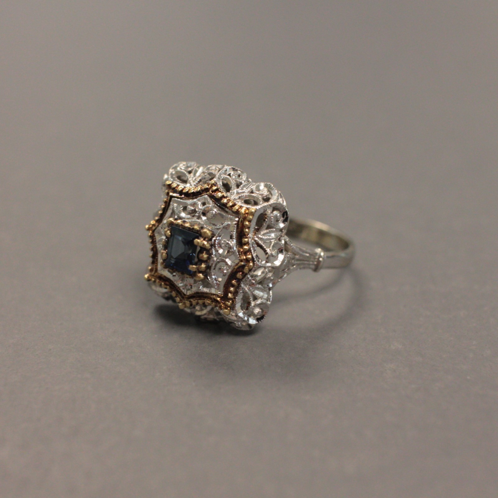 Vintage 18k Gold & Natural Blue Sapphire Filigree Openwork Ring Size 6.75