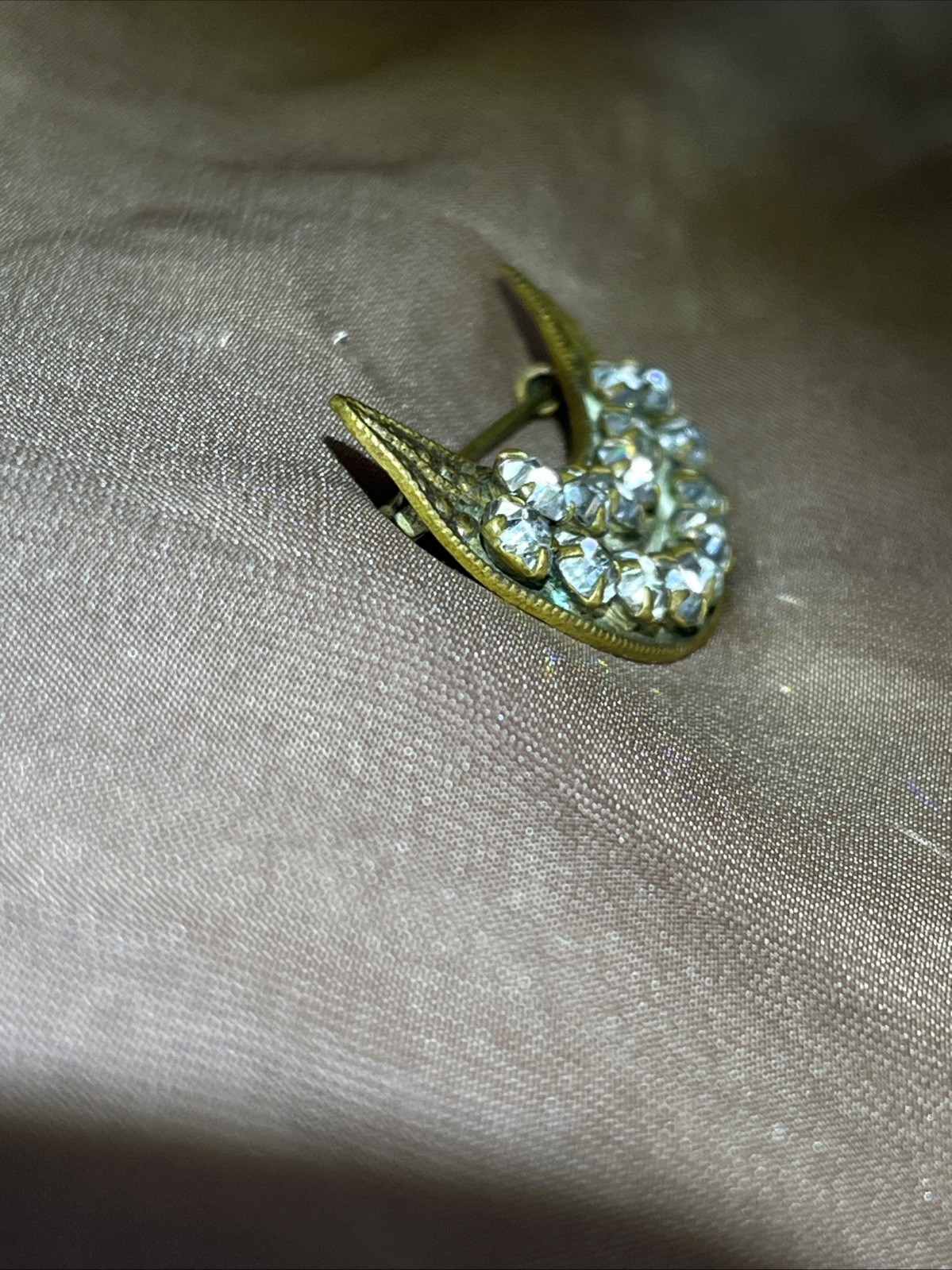 Unusual Antique Victorian Crescent Moon Brooch Prong Set Rhinestones Pin 1880s
