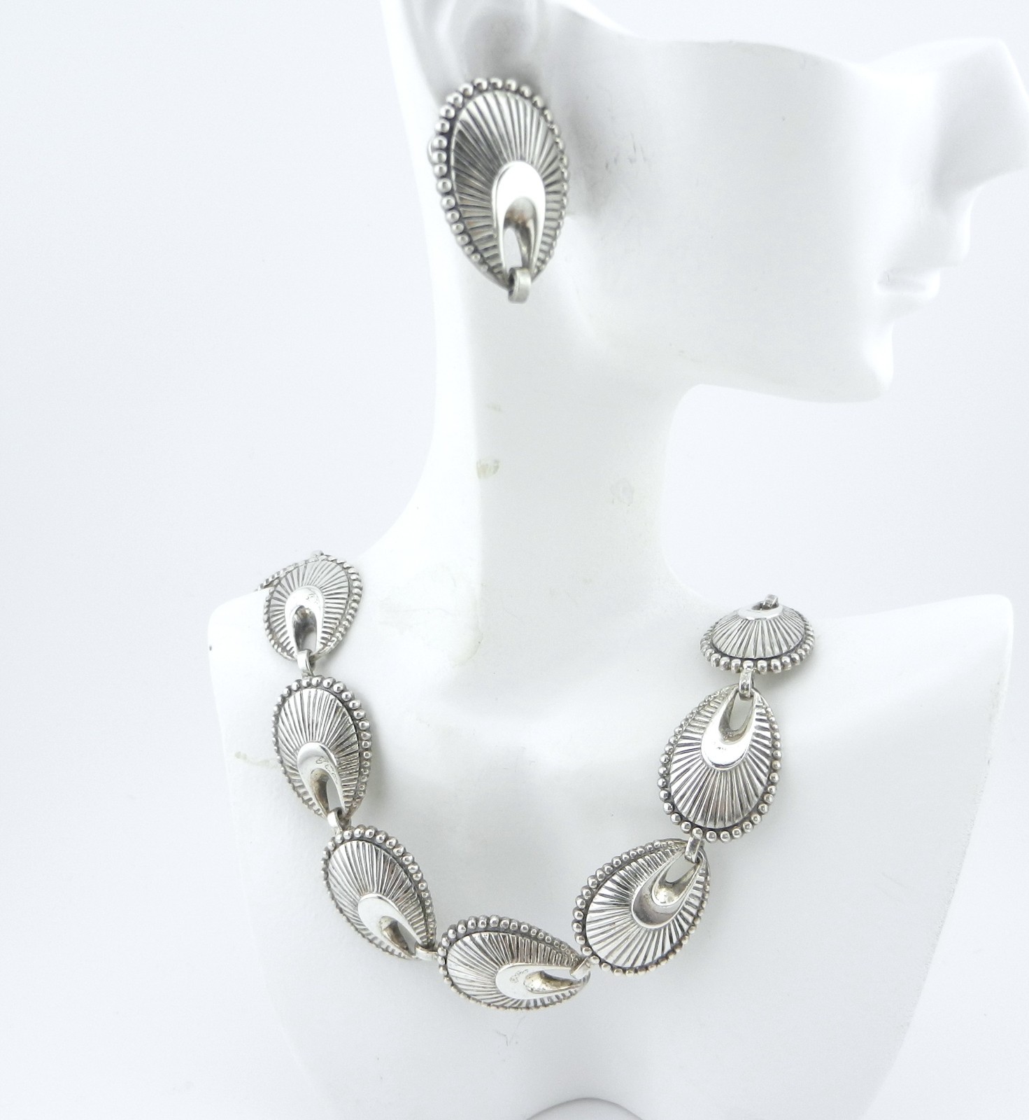 Danecraft Sterling Link Necklace Screw Earrings Scalloped Shell Fan Shape Set