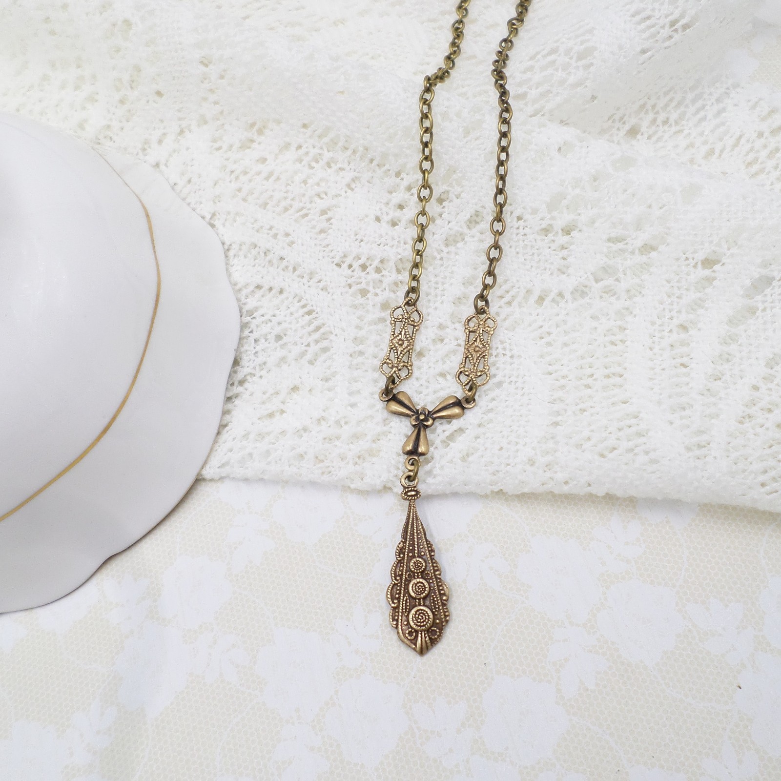 Victorian Style Brass Filigree Charm Necklace: Handmade Bow & Teardrop Jewelry