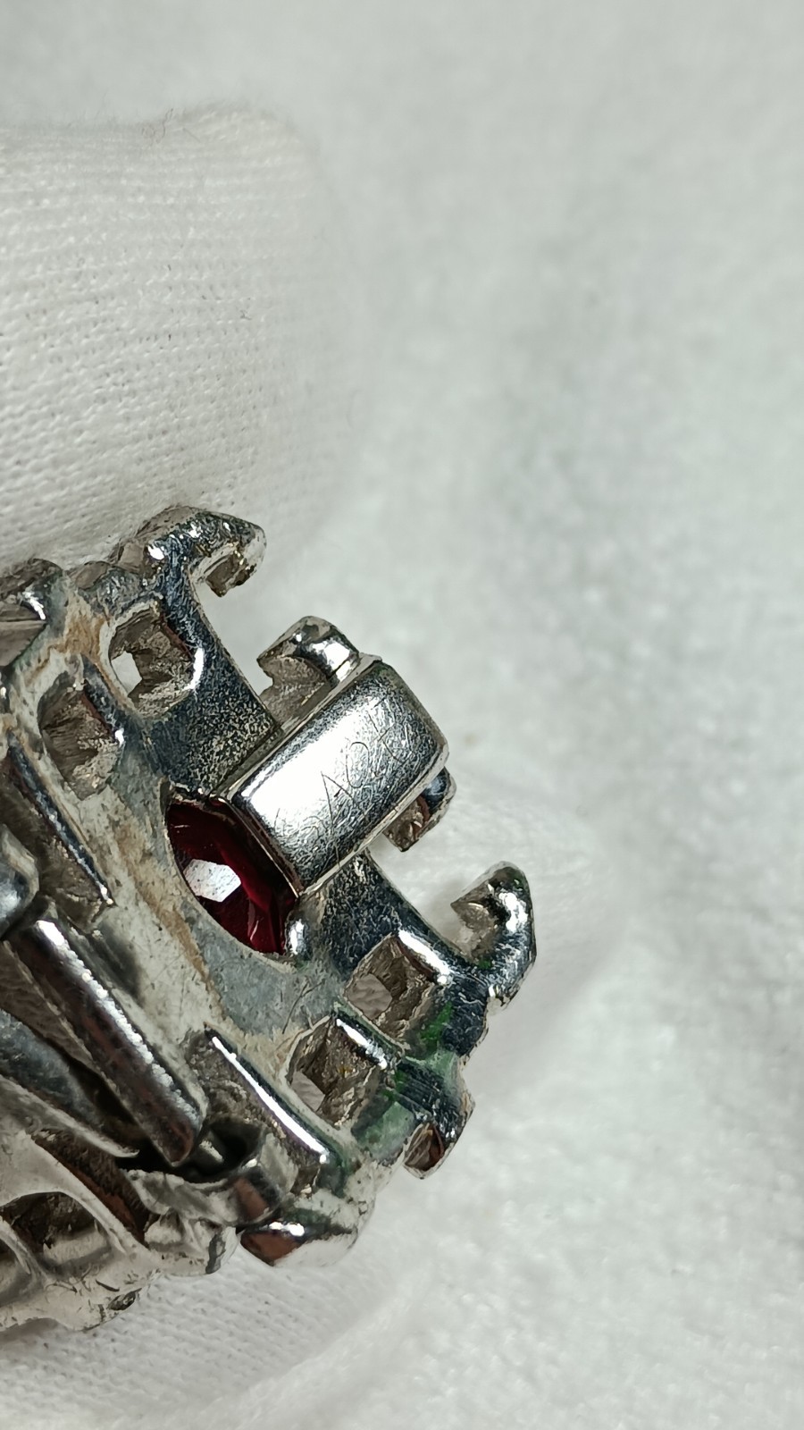 Art Deco Trifari Unsigned KTF Silver Tone Clear And Ruby Red Panel Bracelet 7 In