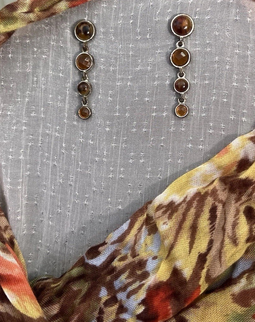 Vintage Silver Tone Dangle Drop Earrings l Round Brown Stones l 2in l 4 Gems