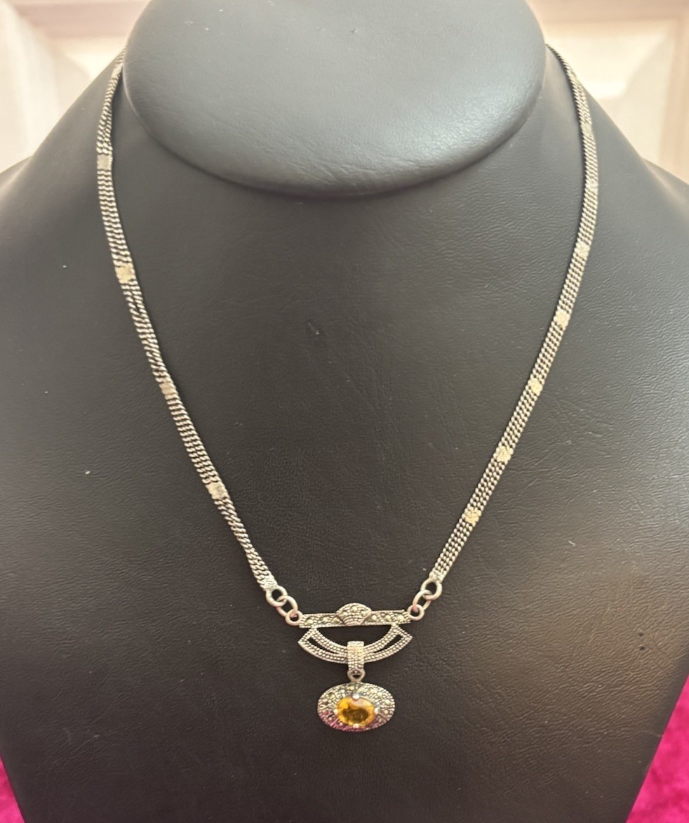 Sterling Silver Marcasite and Yellow Stone Pendant Necklace 7.5” in.