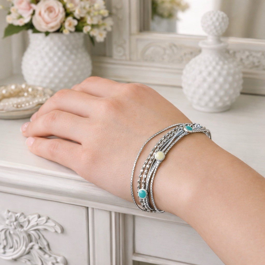 Natural Stone & Multiple Chain Bracelet – Silvertone – 7” – Lobster Claw Clasp