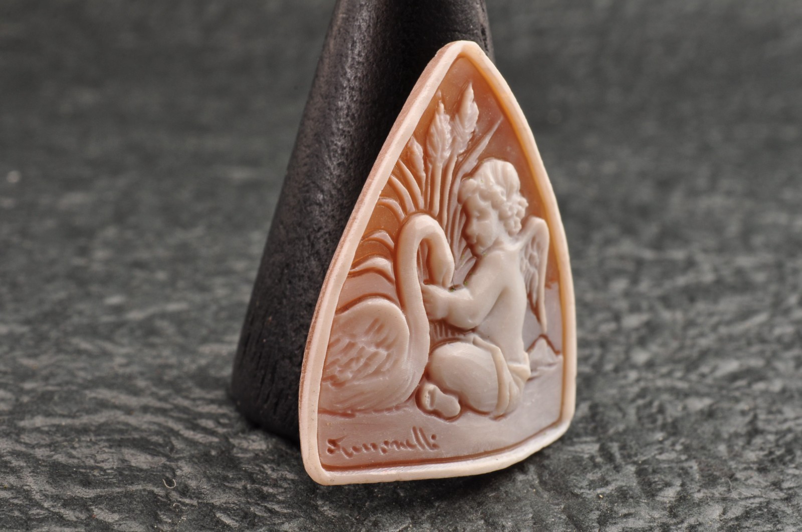 Vintage small shell cameo, “Swan and Angel”, (11.5ct) sign by artist with case.