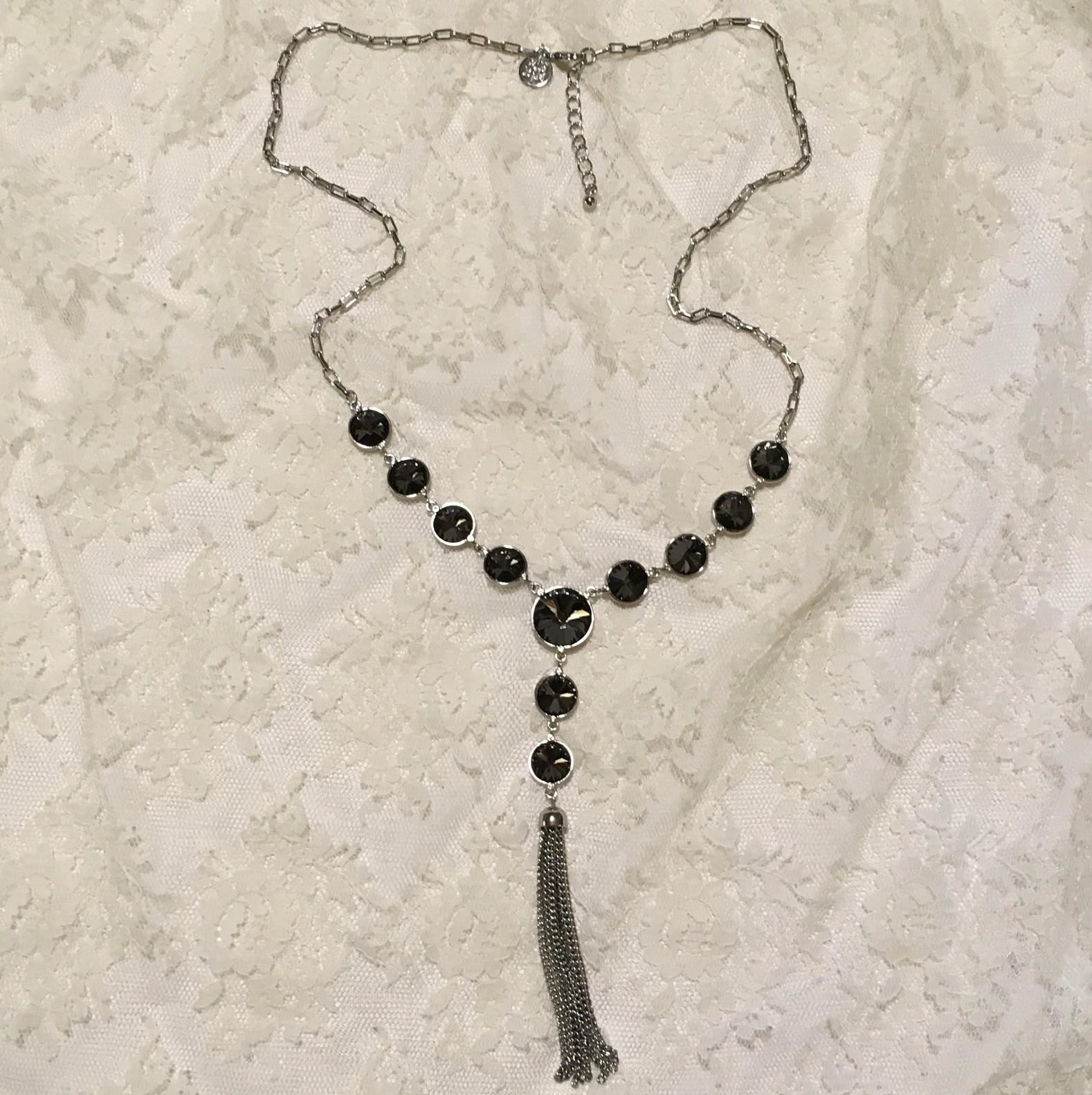 Silver Tone Tassel Pendant Chain Necklace Rivoli Gray Rhinestones y2k Layered