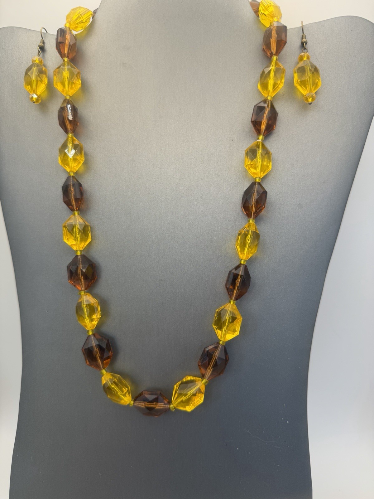 West Germany Necklace/Earrings Yellow Amber Acrylic Faceted Beads Vintage