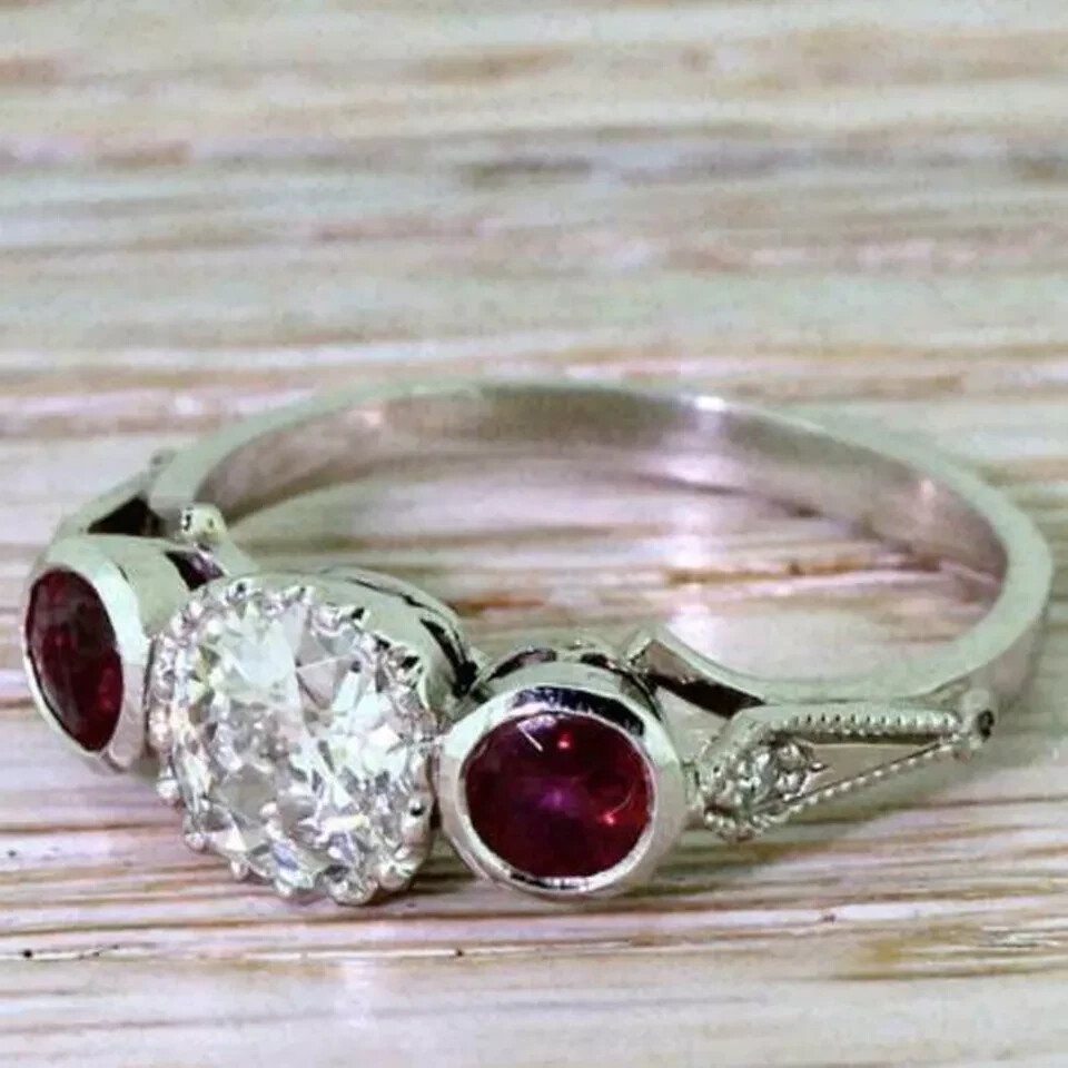 Art Deco Round Cut Lab Created Diamond & Ruby 14K White Gold FN Engagement Ring
