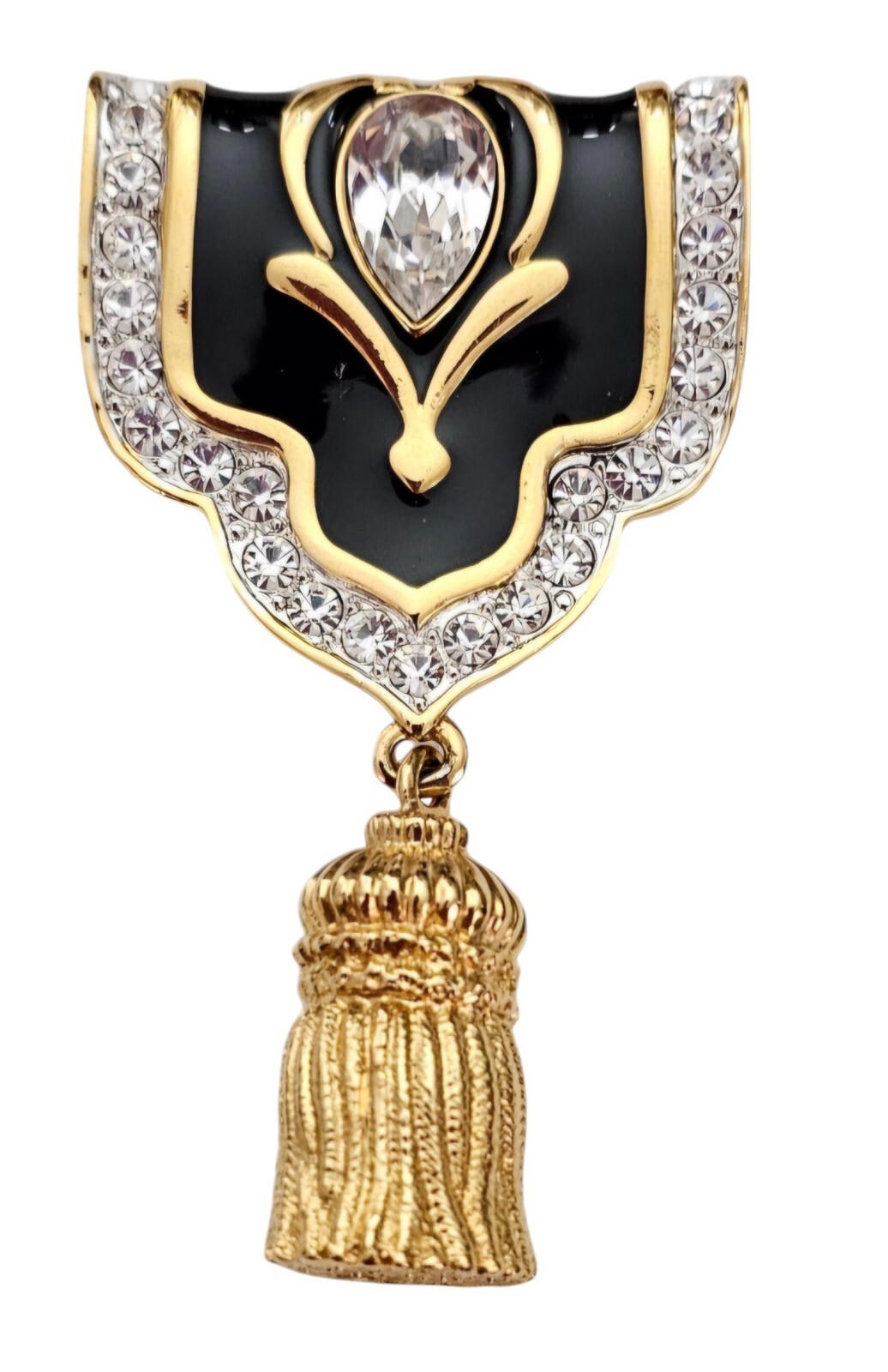 Crystalline Brooch, Black Enamel, Clear Crystal Shield Tassel Pin, Pendant L505