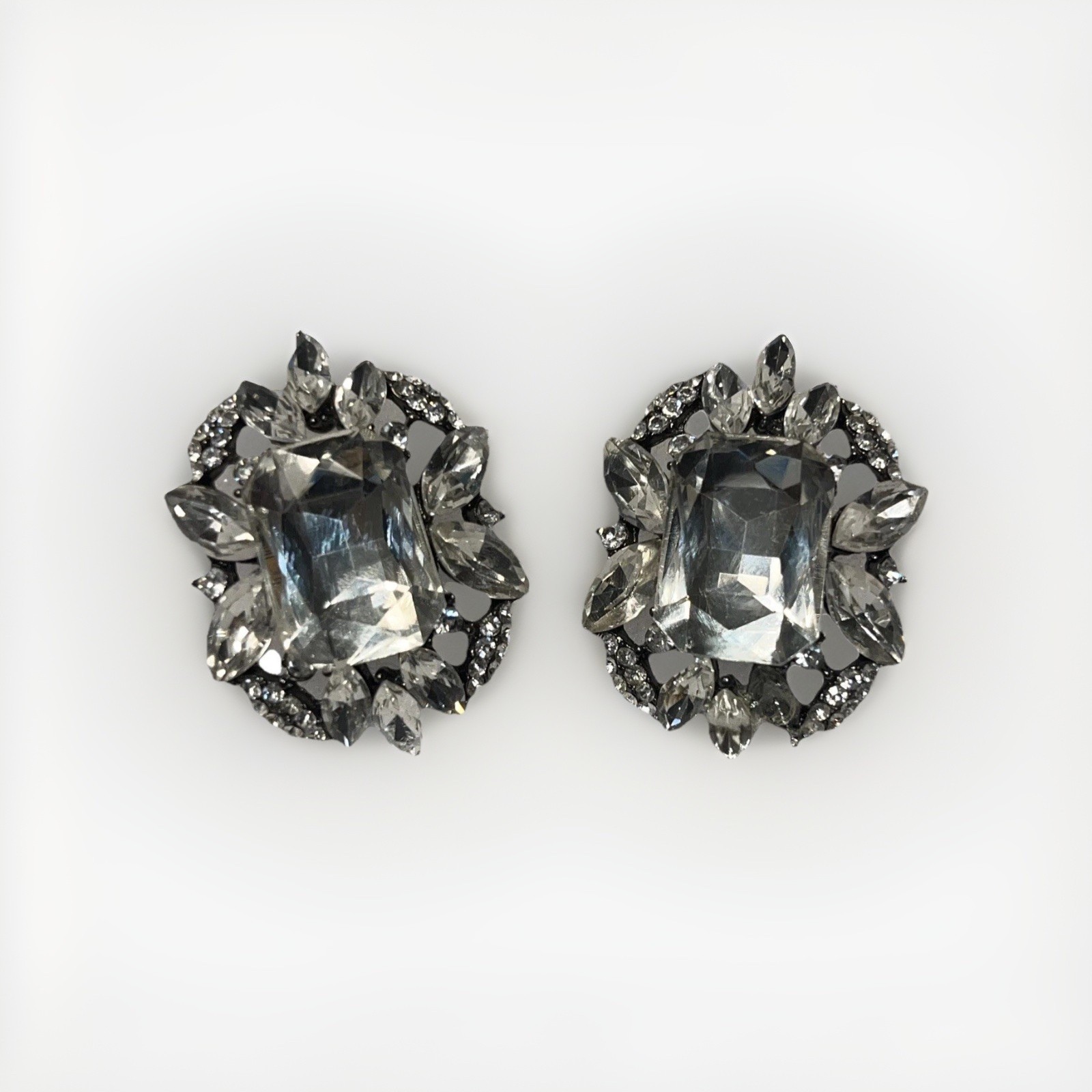 Vintage Huge Clear Rhinestone Cluster Earrings Pierced Silver 1980s Runway Glam
