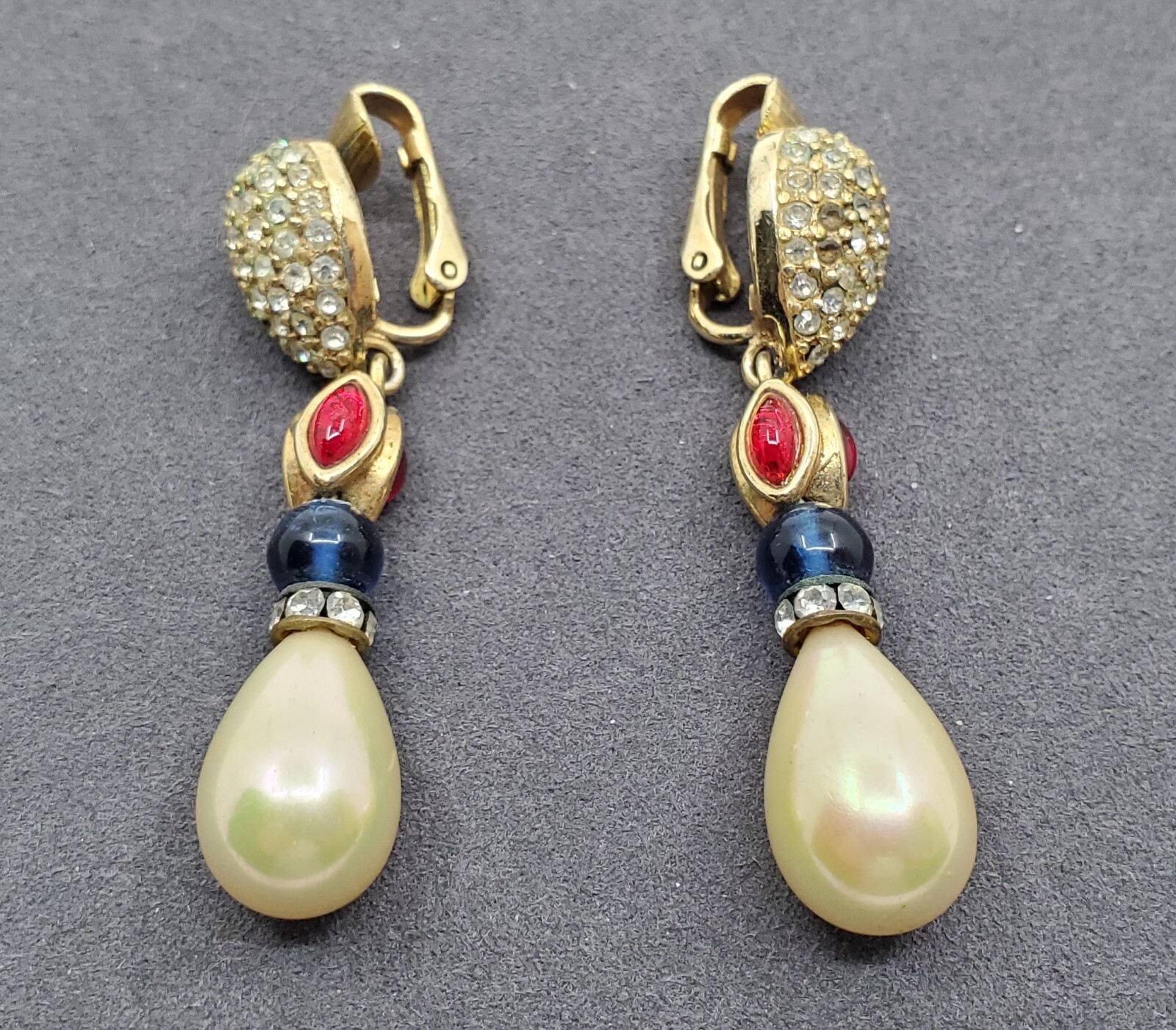 Christian DIOR VTG Gold Ruby Red Blue Glass Cabochons Faux Pearl Dangle Clip On