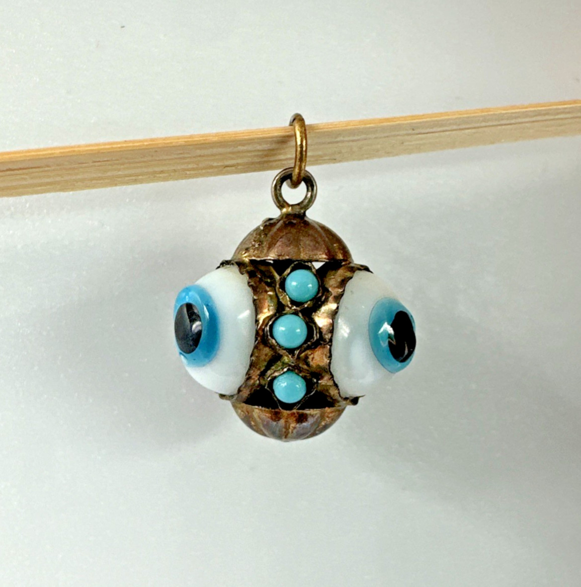 Vtg Victorian? Triple Evil Eye Blown Glass Gilted Brass Pendant Good Luck Amulet