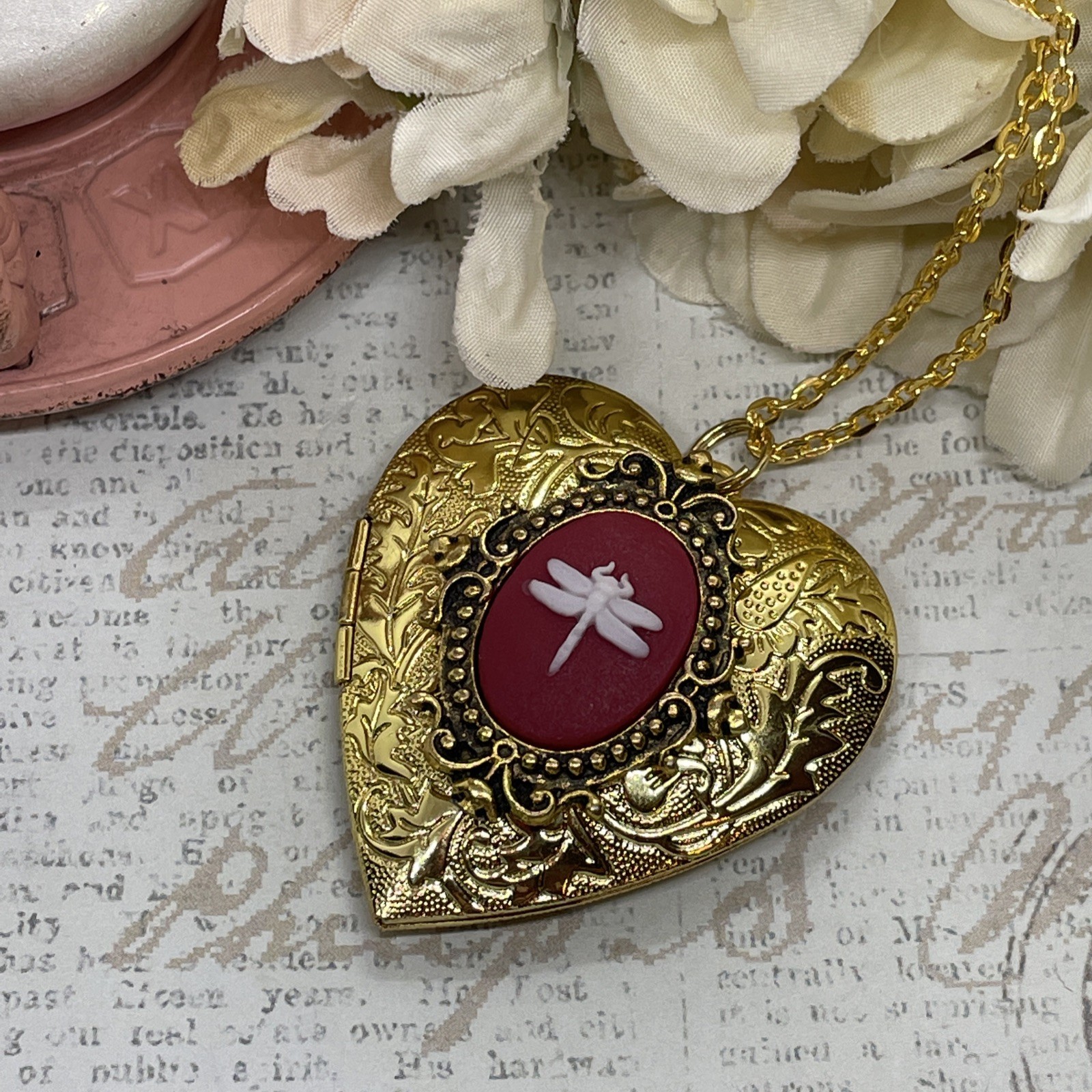 Gold Heart Locket Red Birthday Anniversary Wedding Dragonfly Cameo Necklace