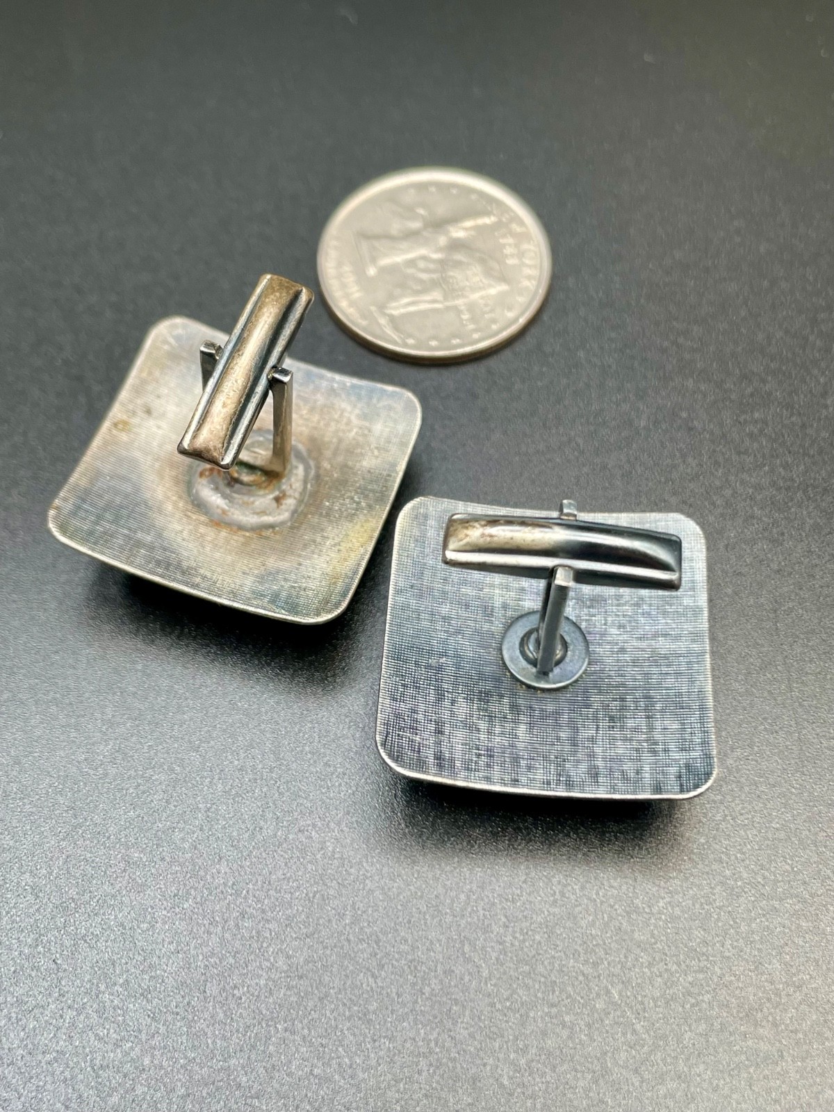 Vintage Mid Century Modernist Enamel Square Silver Tone Cufflinks Blue Abstract